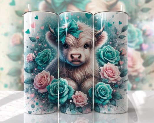 TEAL AND PINK HIGHLAND COW 20 OZ OR 30 OZ SKINNY Tumbler - not custom