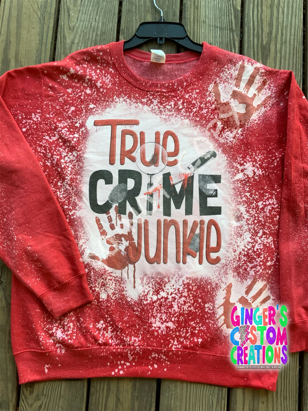 TRUE CRIME JUNKIE FRONT & BACK RED BLEACHED CREWNECK SWEATSHIRT