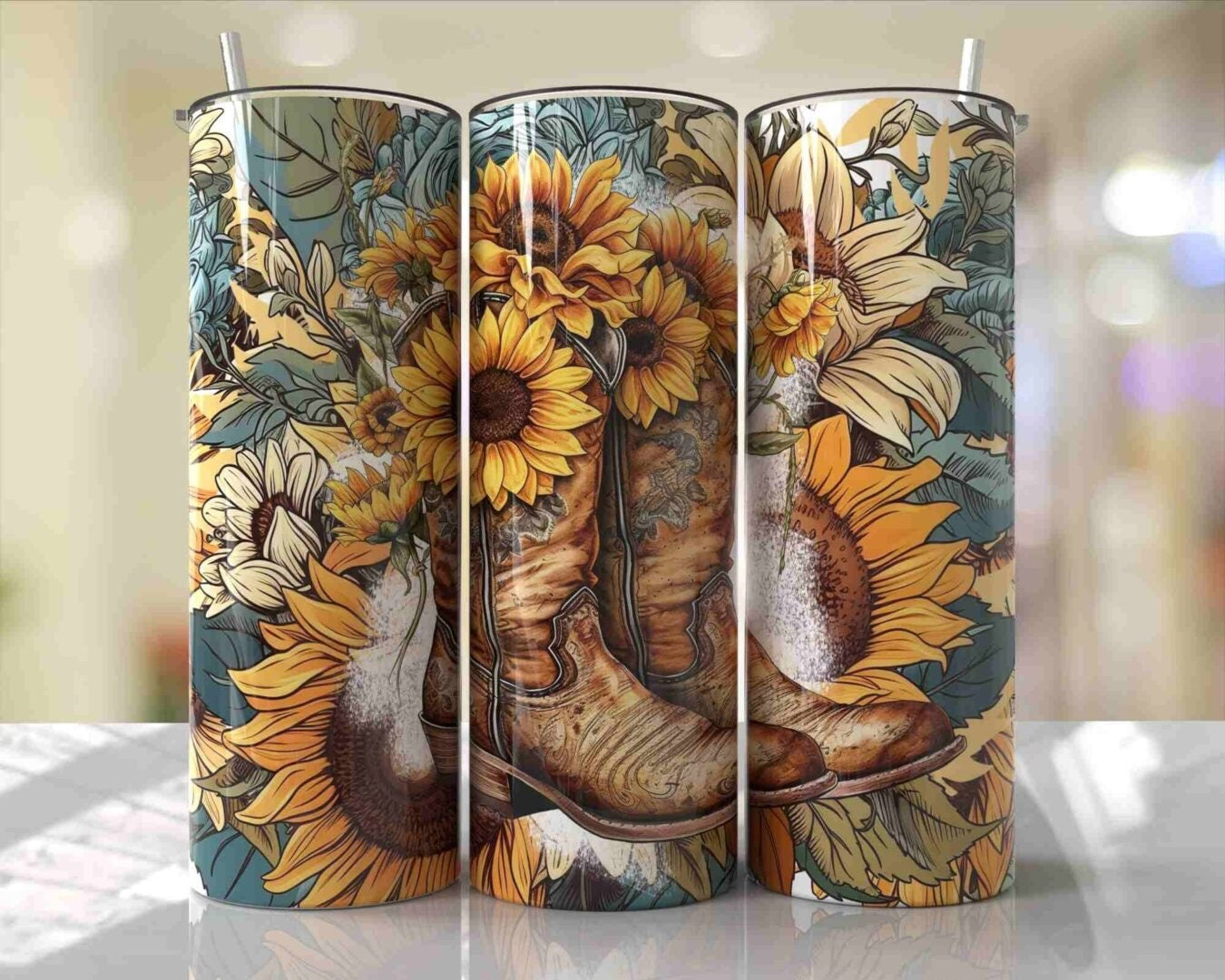SUNFLOWERS AND BOOTS 20 OZ OR 30 OZ SKINNY Tumbler - not custom
