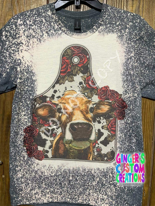 FLORAL COW TAG BLEACHED SHORT SLEEVE SHIRT