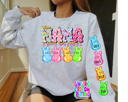 THIS MAMA LOVES HER PEEPS FRONT & BACK CREWNECK W/ CUSTOM NAME SLEEVES - ASH GREY